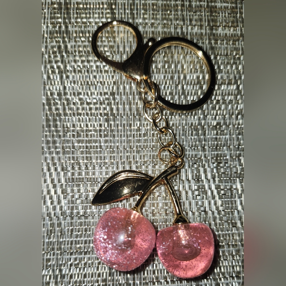 Elegant Gold and Pink Cherry Keychain